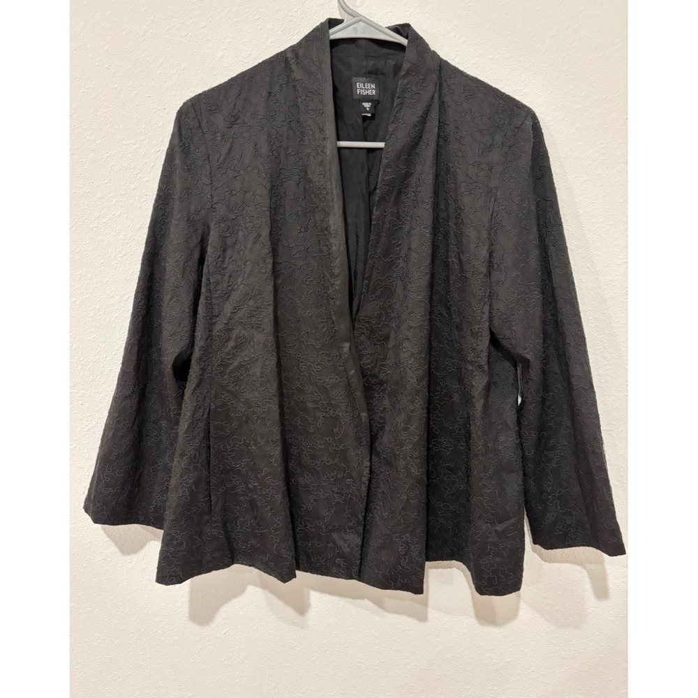 Eileen Fisher Black 100% Silk Embroidered Open Front Jacket Shawl Collar Small - Picture 2 of 12